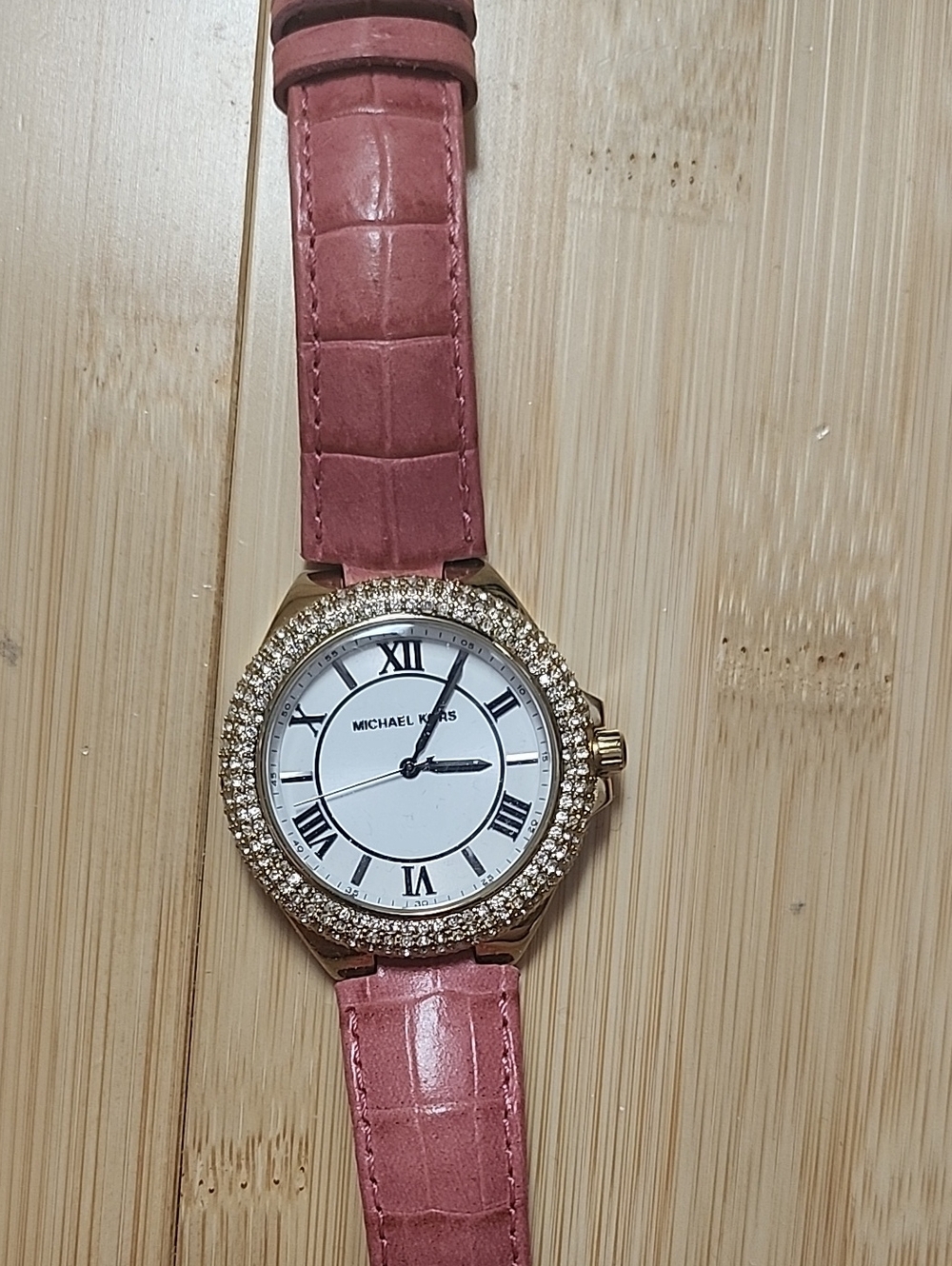 Michael Kors Rose Pink Leather Strap Gold Crystal Bezel Watch